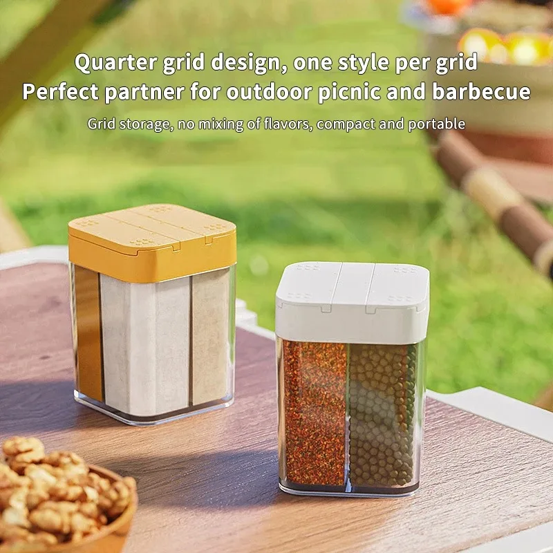 Tarro de especias portátil para exteriores, salero y pimienta de plástico transparente 4 en 1 con tapa, 4 compartimentos para condimentos de acampada