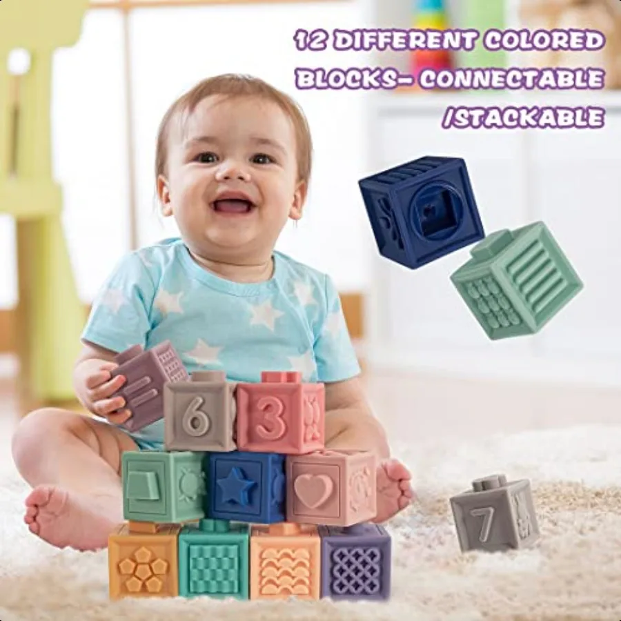 SpringFlower 3 in 1 Montori Toys for Babies 03612 Months Soft Baby Teething Stacking Building Blocks for Infants Sensory Develo