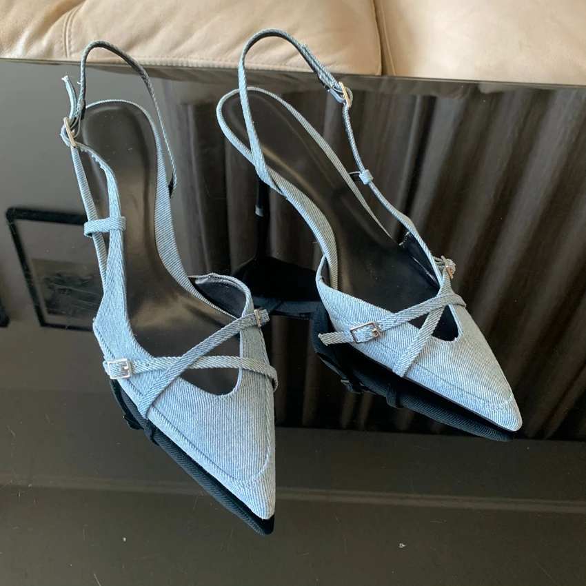 Sexy Pointed Toe High Heel Sandals for Lady Blue Denim Stilettos Fashion Buckle Strap Elegant Women\'s Shoes 2024 Summer Footwear