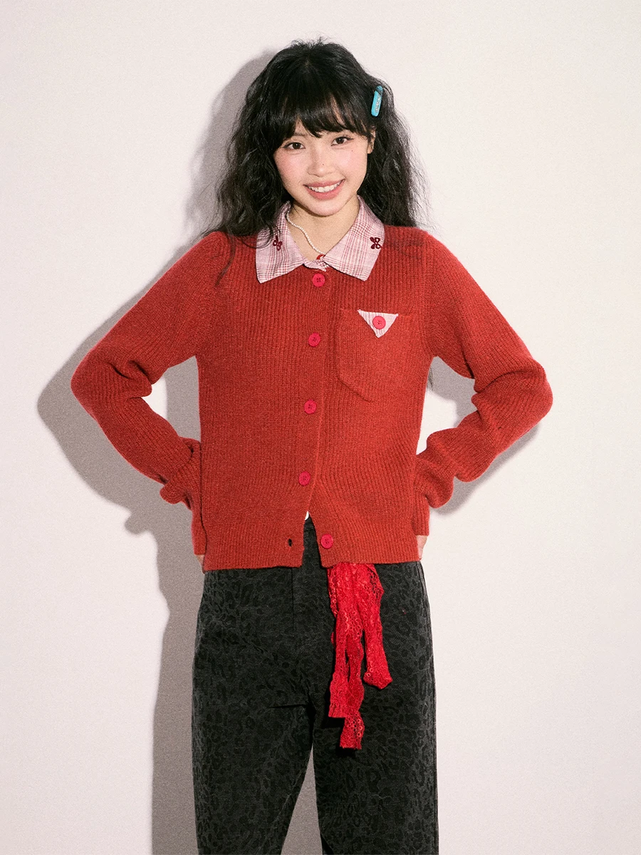 

Красный клетчатый свитер с узлом, приталенный новогодний модный свитер Cr Kitten Long Sve ort, вязаный свитер на пуговицах