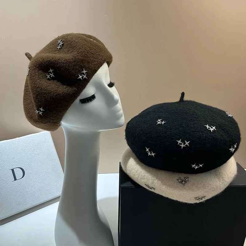 الفاخرة حجر الراين نجوم المرأة الصوف القبعات الشتاء الدافئة قبعة صغيرة موضة الفتاة الفرنسية الرسام القبعات قبعات القبعات الإناث خمر #2