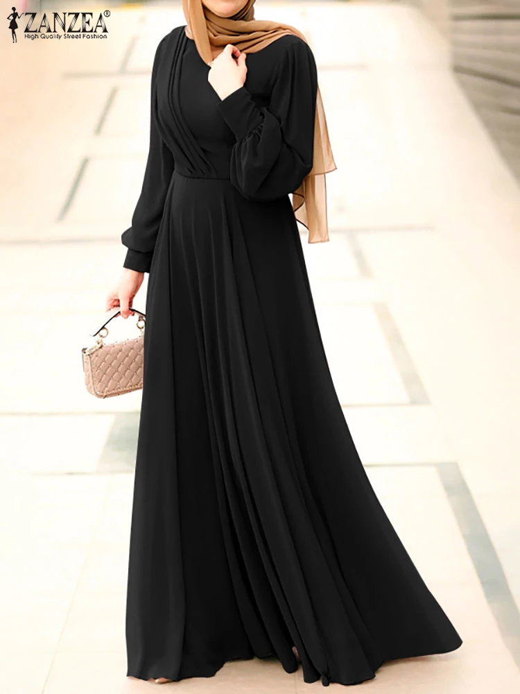 Fashion Solid Muslim Dress Women Spring Sundress ZANZEA Casual Abaya Marocain Turkish Robe Femme Lantern Sleeve Maxi Vestidos