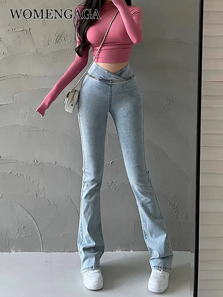 WOMENGAGA Spice Girl V Waist Trouser High Waist Tight Flare Pants Jeans Pants Fashion Korean Women Pants Bell Bottoms 2SV2