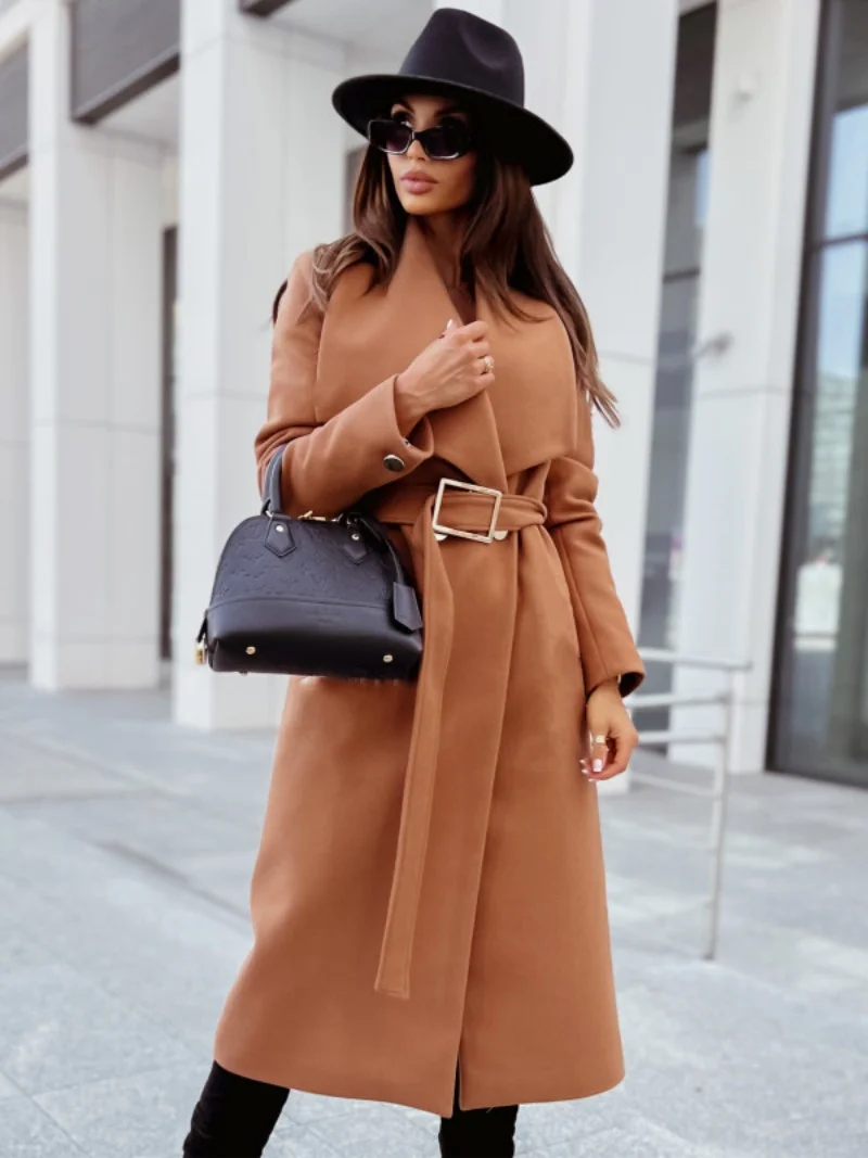 Women's Coat - Belted Wrap Winter Overcoat with Wide Lapel, Button-Free Design for Chic Casual Style