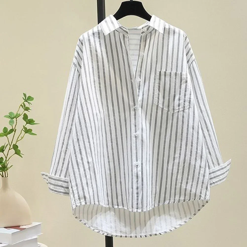 Blouses Loose Shirt For Women Korean Shirts Blue Vertical Striped Shirt Cardigan Tops Pocket Top Casual Female Shirt