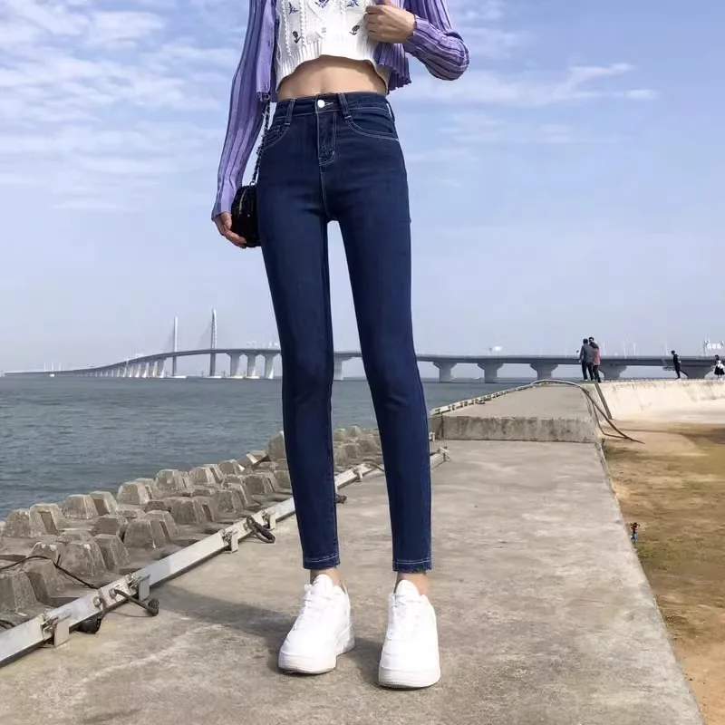

Женские джинсы-карандаш с высокой талией, облегающие, из хлопка, стрейч, для работы, весна-осень, новый стиль, повседневные, темные цвета