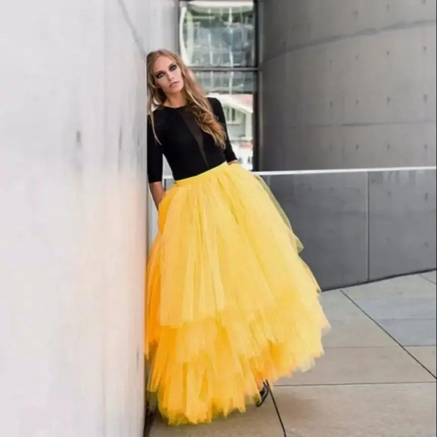 Yellow Maxi Long Skirt Adult Tutu Tulle Tiered Layers Ball Gown Skirts for Women Stylish Long Party Gowns Custom Made Plus Size