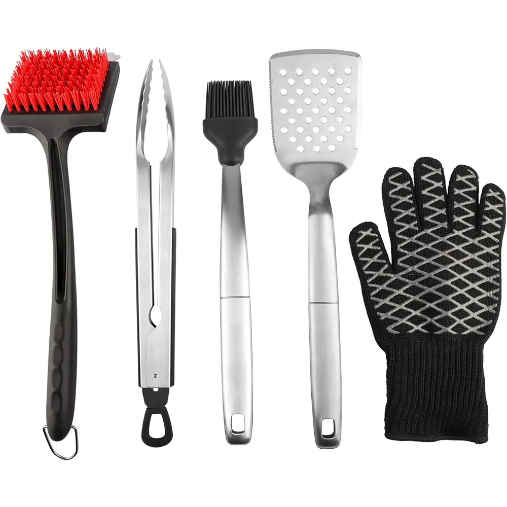 

Clean & Cook BBQ Tools Essentials 5-Pc. Value Kit | Professional Grade Stainless Steel Utensils Barbecue Grill Kit Accessories w