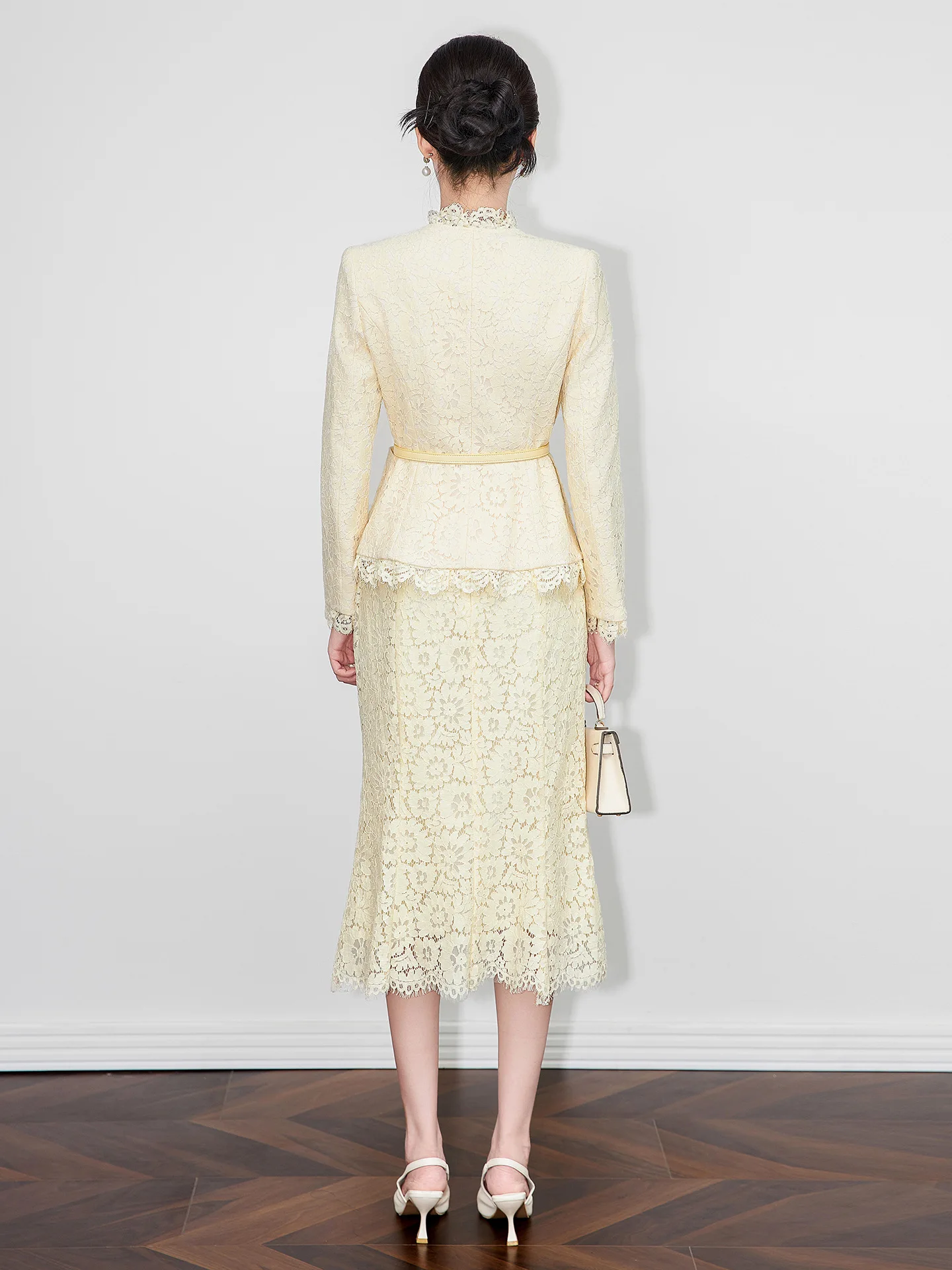 ZJYT-Conjunto de vestido de dos piezas de encaje para mujer, elegante, a la moda, 2025, Top de encaje con cinturón de manga larga y falda, traje de fiesta y oficina