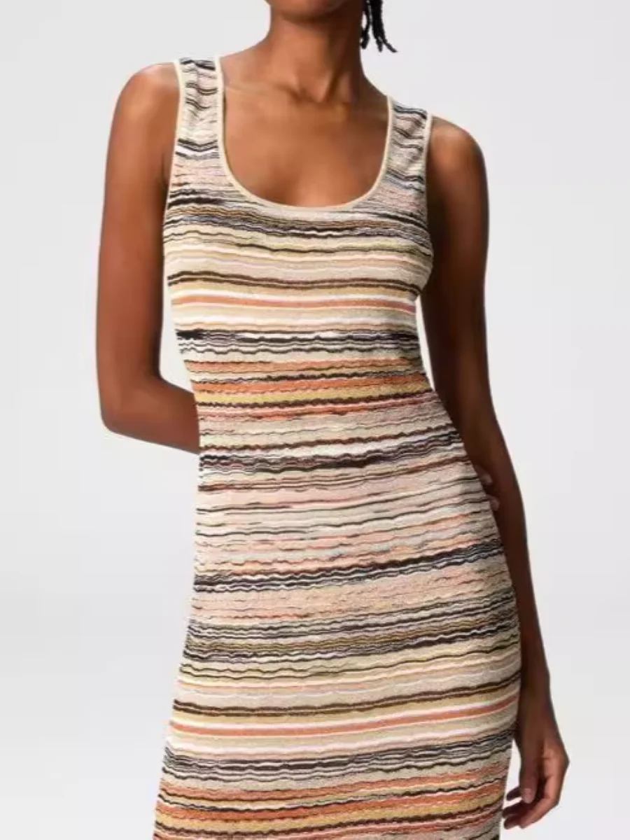 

2025 New Women Multicolour Striped Long Dress Square Collar Sleeveless Vintage Slim Knitted Robe