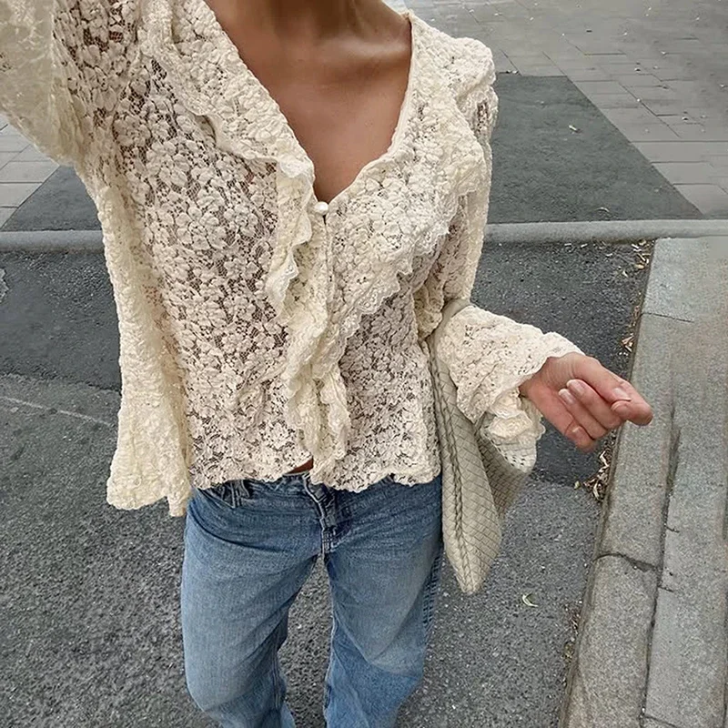 

2025 New Fungus Splice Lace Shirt For Women V Neck Lantern Sleeve Ruched Top Cardigan Elegant Commuting Female Blouses Fashion