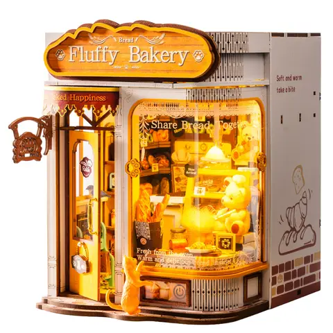 Rolife Wooden 3D Puzzle Fluffy Bakery DIY Book Nook Kit with LED Light Wood Bookends Bookshelf Decor Brain Teaser Puzzle Toy Gift for Adults Teens