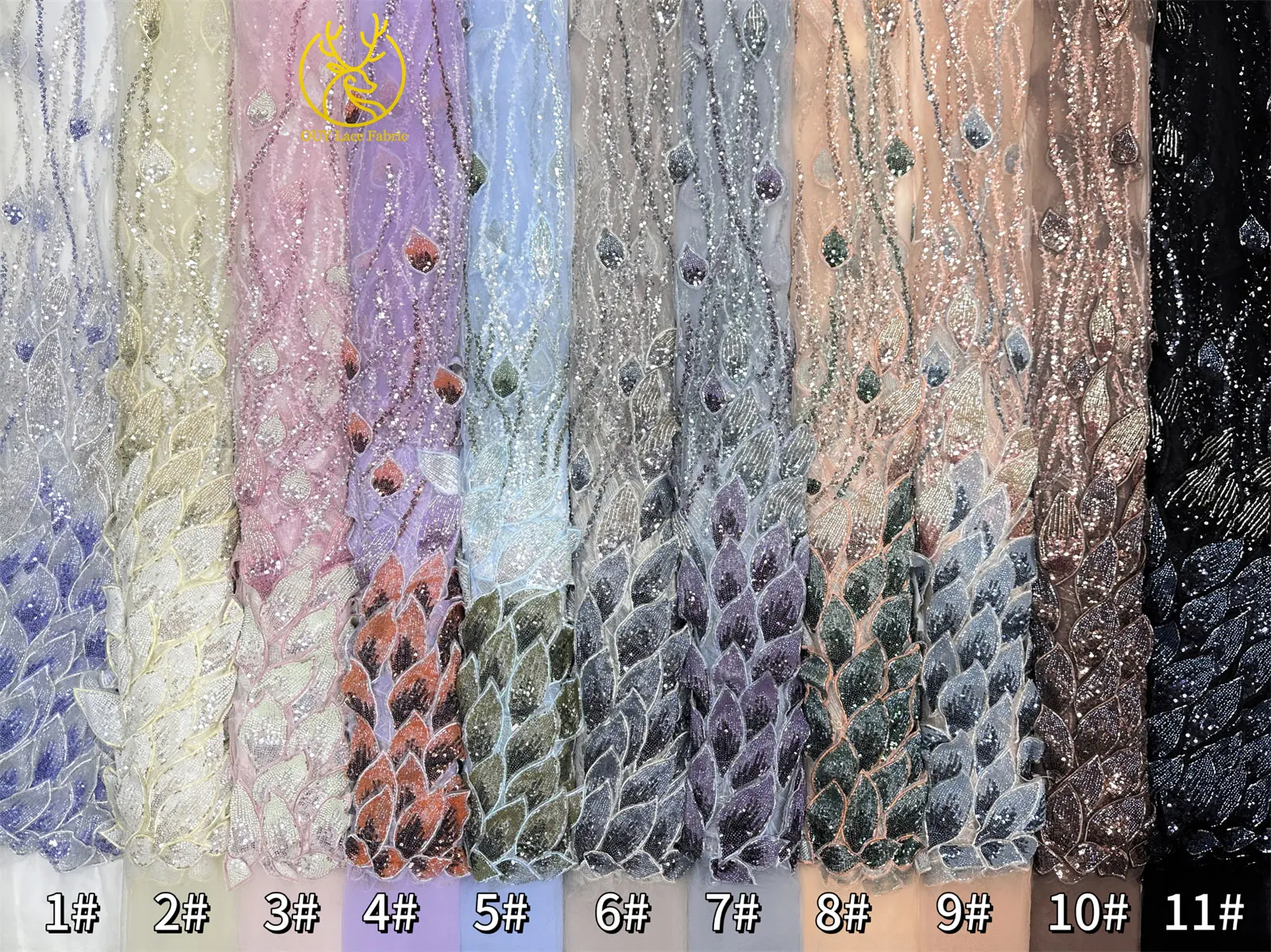 Hochwertige Maßgefertigte 3D Handgemachte Stickerei Perlenbesetzter Blatt-Spitzenstoff Hochwertige Nigerianische Perlen-Pailletten-Spitze für Brautkleider – Detail 19