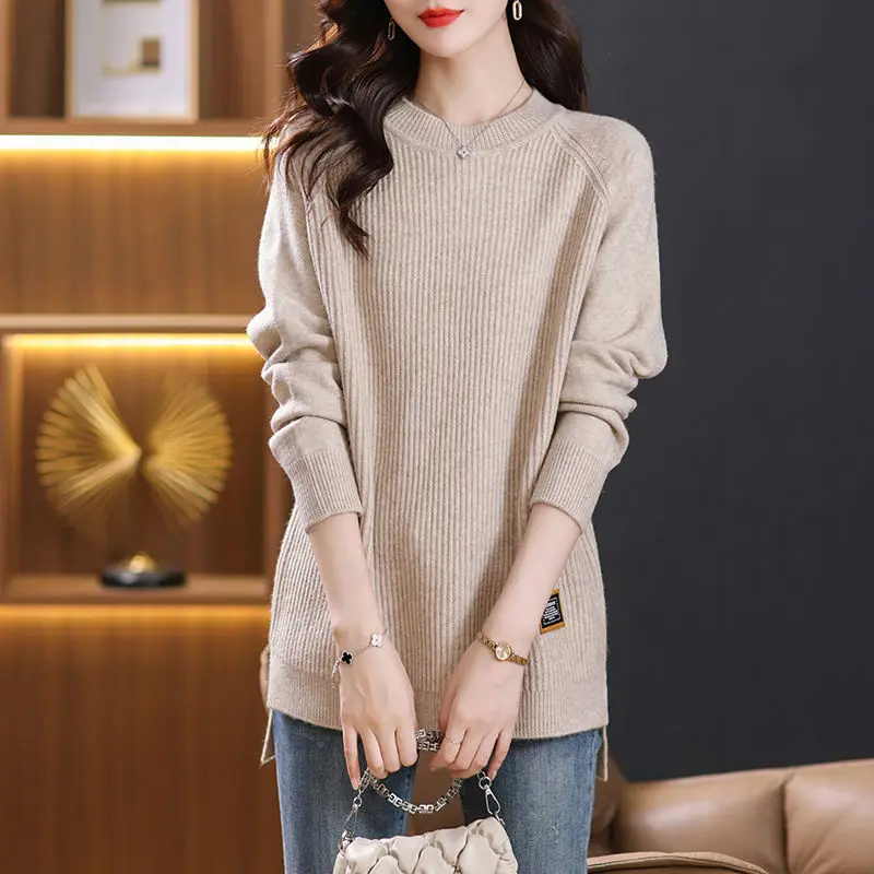 Wersja koreańska Sweter damski 2024 Splicing Pullovers O-Neck Screw Thread Fashion Solid Loose Casual Long Sleeved Knitted Top