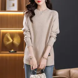 Wersja koreańska Sweter damski 2024 Splicing Pullovers O-Neck Screw Thread Fashion Solid Loose Casual Long Sleeved Knitted Top