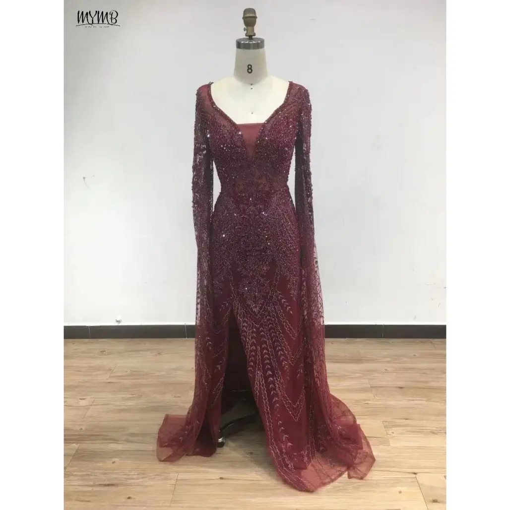 

MYMB Wine Plunging Neckline High Split Luxury Formal Gowns 2024 Arabic Elegant Cape Sleeves Mermaid Evening Wedding Party Dress