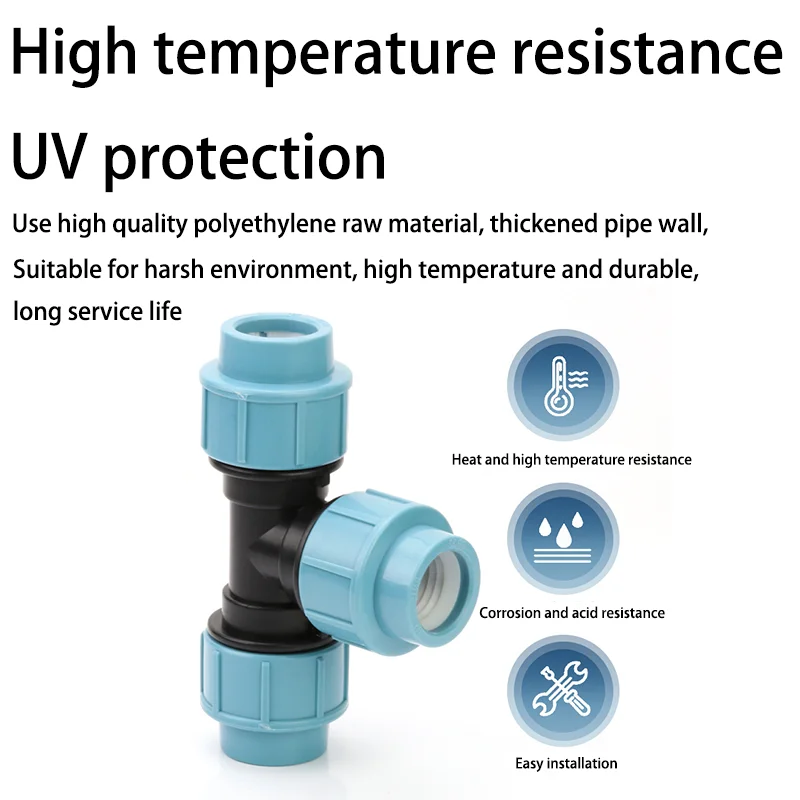 Joint de tuyau d'eau à trois voies en plastique PE à diamètre égal, raccord rapide, d'argile à économie d'eau des terres agricoles, Chr15, 20, 25, 32, 40, 50/63