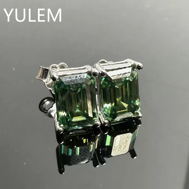 YULEM `5x7mm Emerald Cut Green Moissanite Stud Earrings 925 Sterling Silver Rectangle  Moissanite Women Daily Fine Jewelry