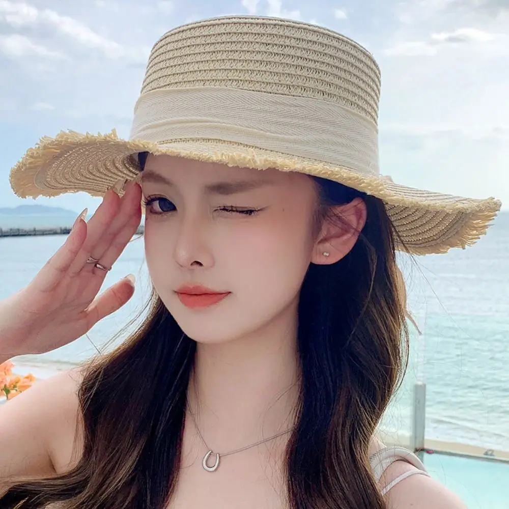 Elegant Sun Visor Lafite Straw Hat Tassels Bowknot Bow Sun Hat Outdoor Visor Cap Korean Style Weave Straw Cap Spring