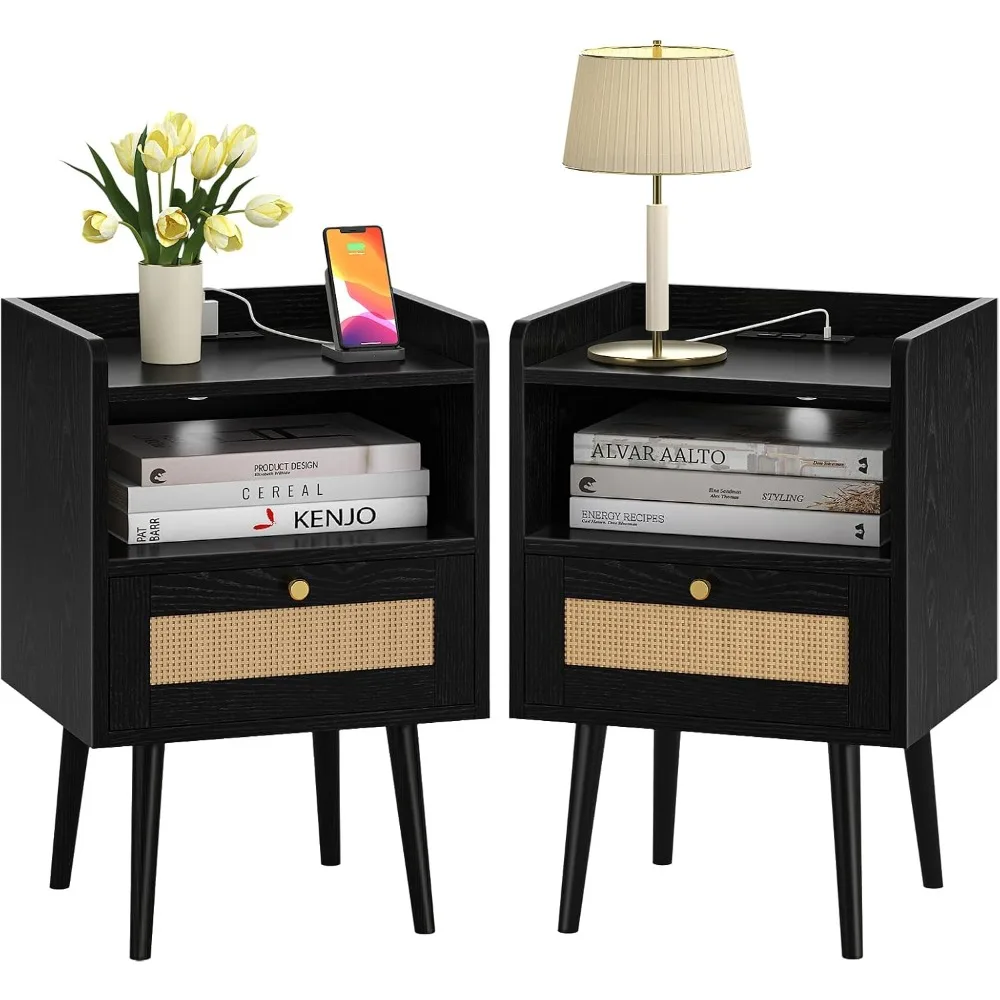 

Night stand Set of 2, Bedside Tables with Charging Station, Rattan End Tables, Bed Side Tables, Wood Nightstands set of 2 for Fa