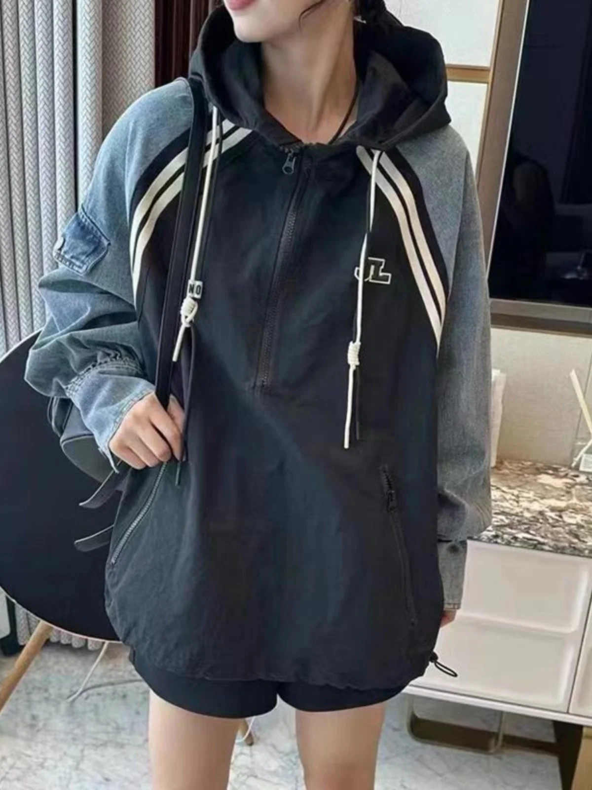 

Женская толстовка свободного кроя с длинными рукавами в корейском стиле, с лоскутным узором, осенне-зимняя, больших размеров, удобная, модная, топ