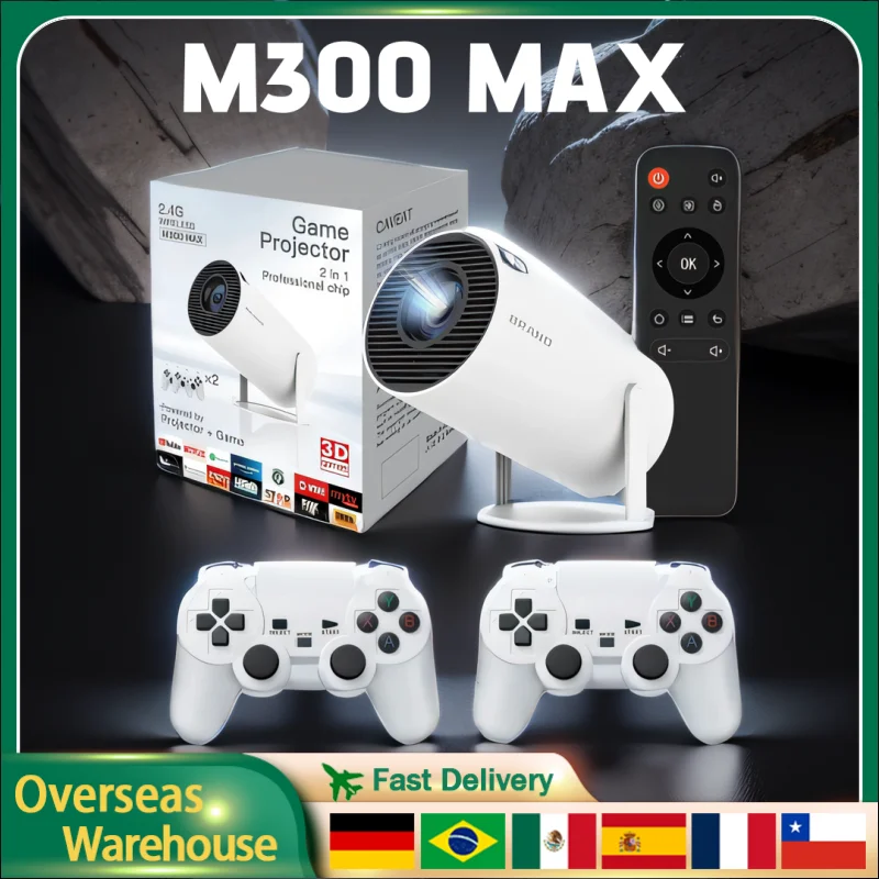 

M300 MAX Mini Portable Intelligent Projector Retro Video Game Consoles Home Projector Android11 System 720P 64GB 46000+Games