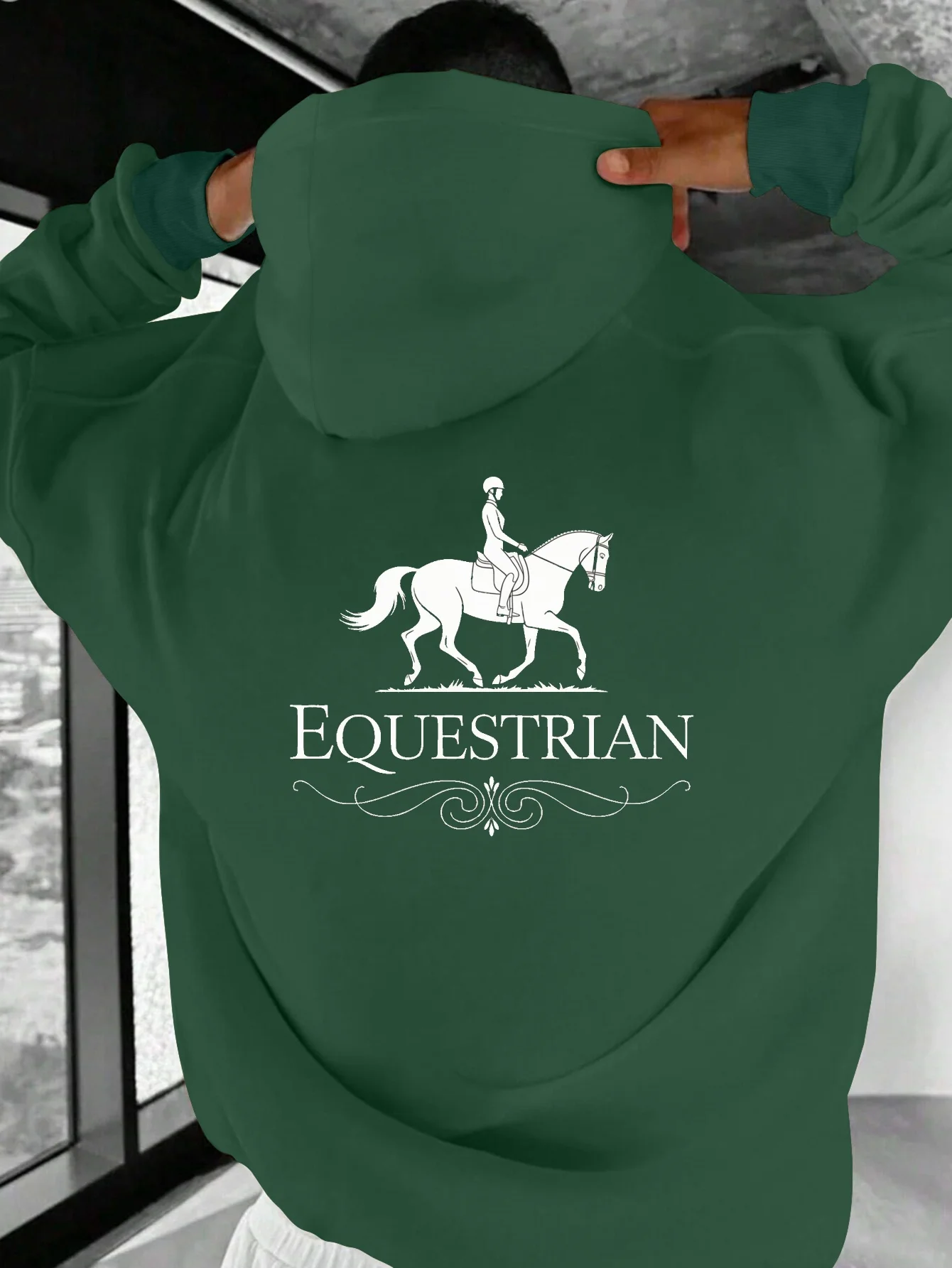Men's Plus Size Equestrian Horse Rider Hoodie - Casual Loose Fit, Long Sleeve, Green with White Equestrian Print, Polyester