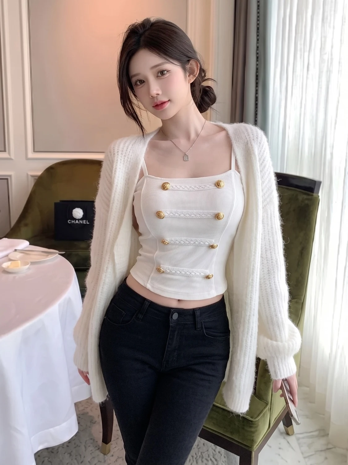 Elegant Knitted Two-Piece Set Button Design Innerwear Outerwear Short Top  Atmosphere Fashionable Women's Autumn Outfit