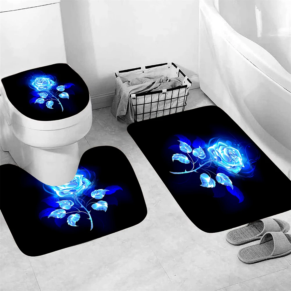 Red Rose Set of 3 Bathroom Bath Mat Set Soft Non Slip Mat Bathroom Rug Absorbent Shower Carpets Toilet Lid Cover Floor