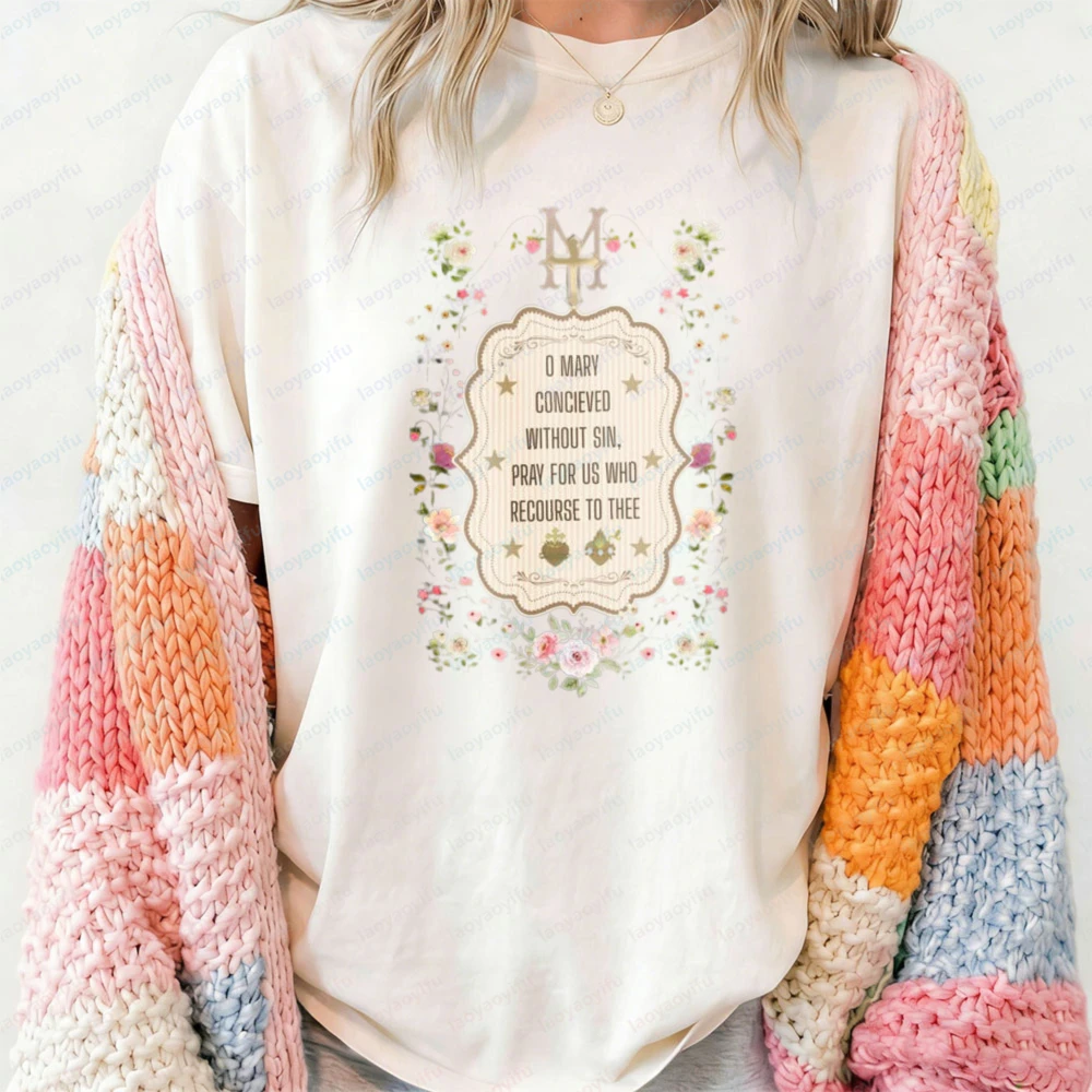 Floral Marian Cross Catholic Shirt Virgin Mary Religious Tee Spiritual Faith Women Casual Religious Apparel Gift Cotton Clothing