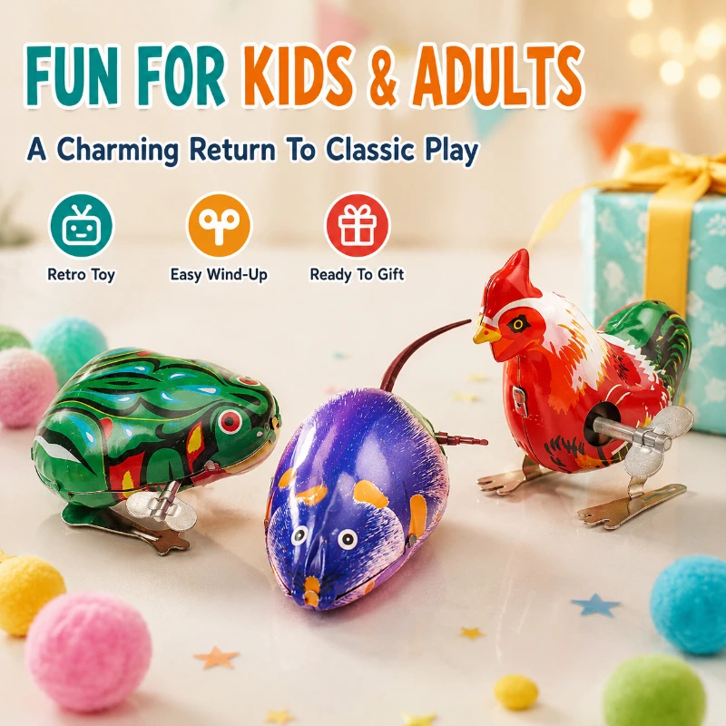 Nostalgia Retro Wind‑Up Tin Toy Set Mechanical Frog Mouse Rooster Model Desktop Collectible Souvenir Gift
