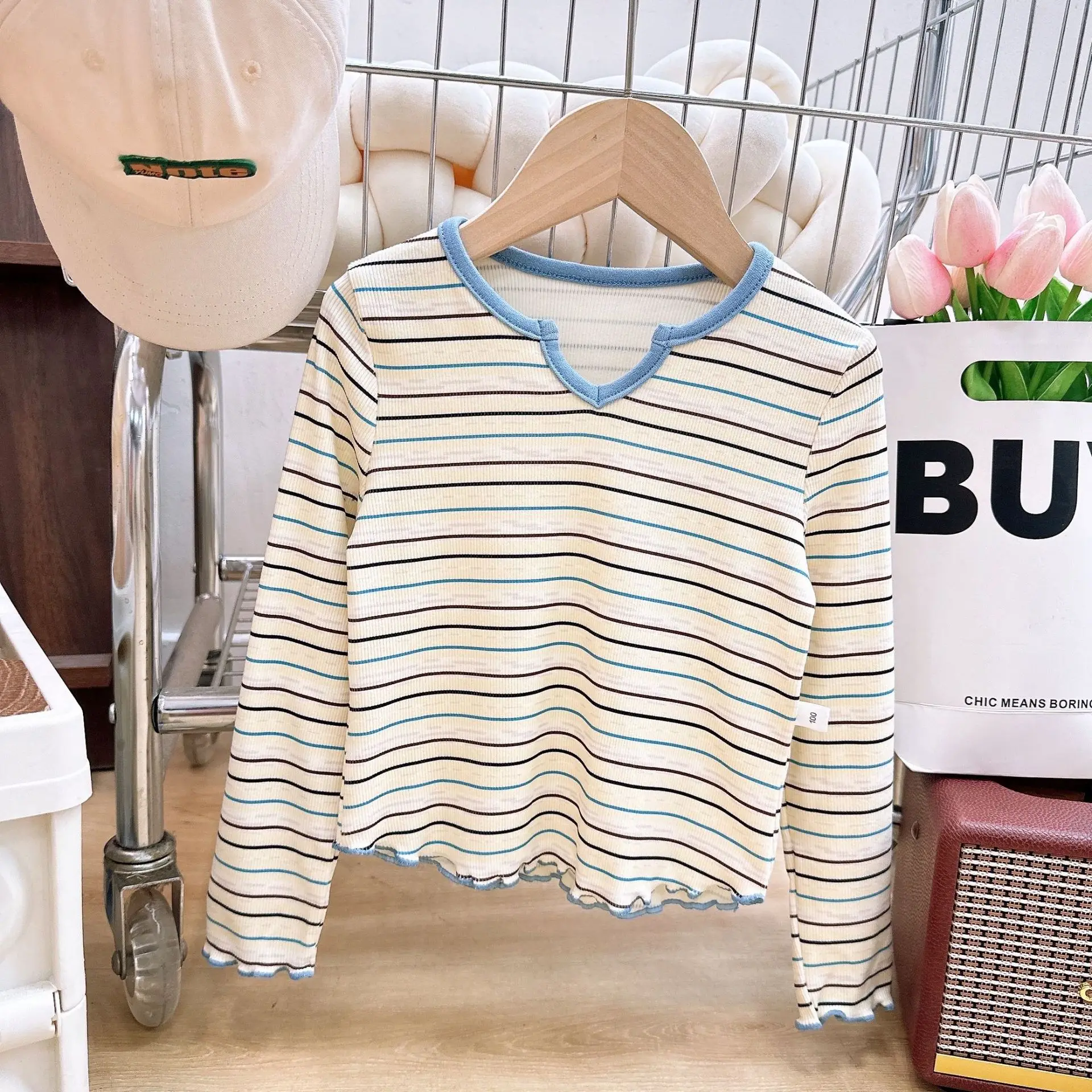 Girl T-shirt Autumn 2024 New Striped Spliced Versatile Bottom Layer Shirt Tops Lovely Casual Simple Fashion Sweet Korean Active