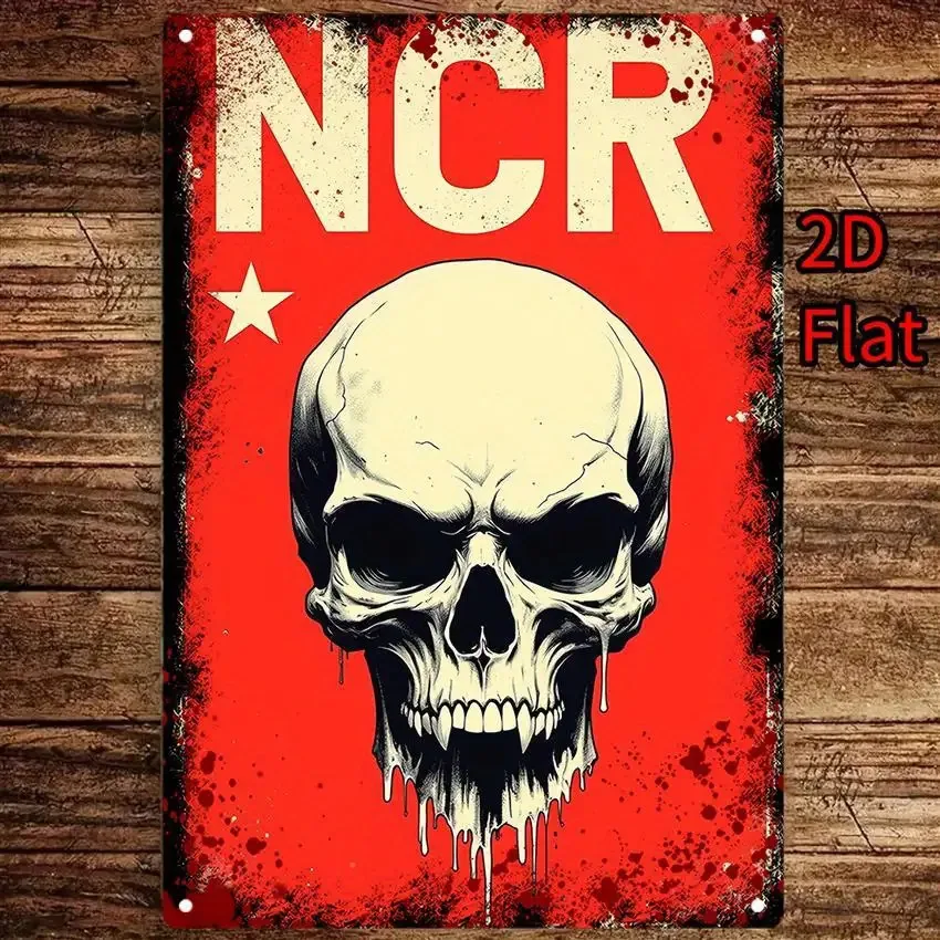 Gotisches Horror-Wandkunstschild aus Metall – roter und weißer Totenkopf mit Tropfeffekt, schwere Eisendekoration mit Loch zum Aufhängen, Retro-Horror-T