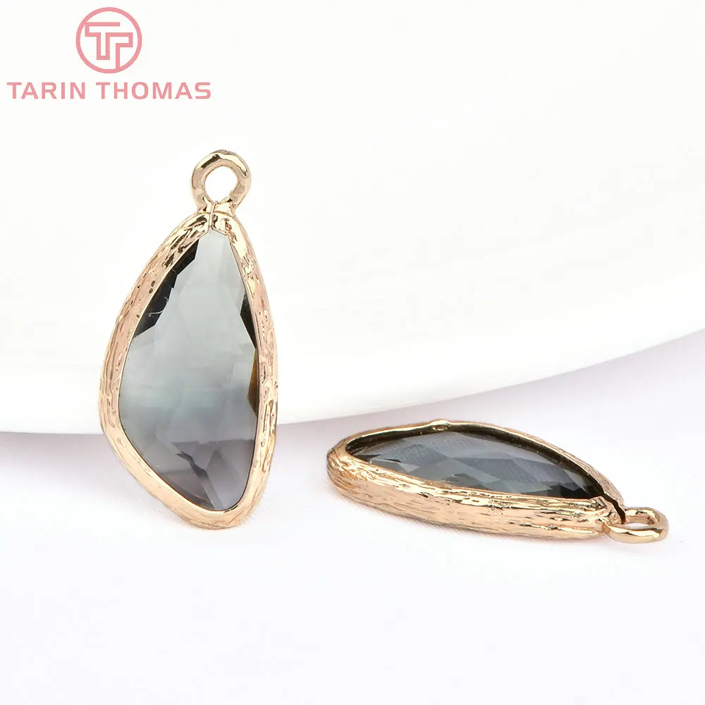 (1242)10PCS 23x11MM 24K Champagne Gold Color Brass and Glass Irregular Drop Shape Charms Pendants  Jewelry Findings Accessories