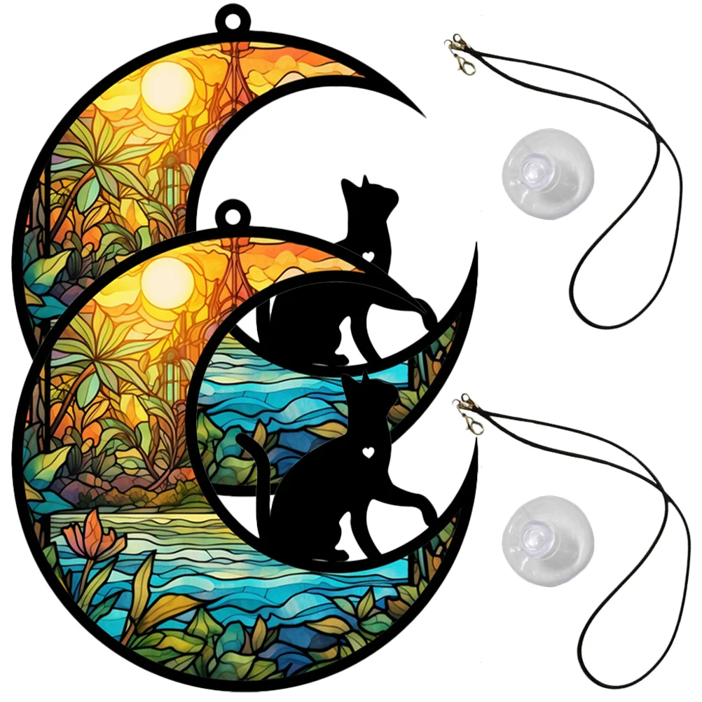 Cat Moon Suncatcher Stained Glass Window Hanging Panel Wall Front Door Black Cat Sign Chain Sucker Hook Christmas Gift