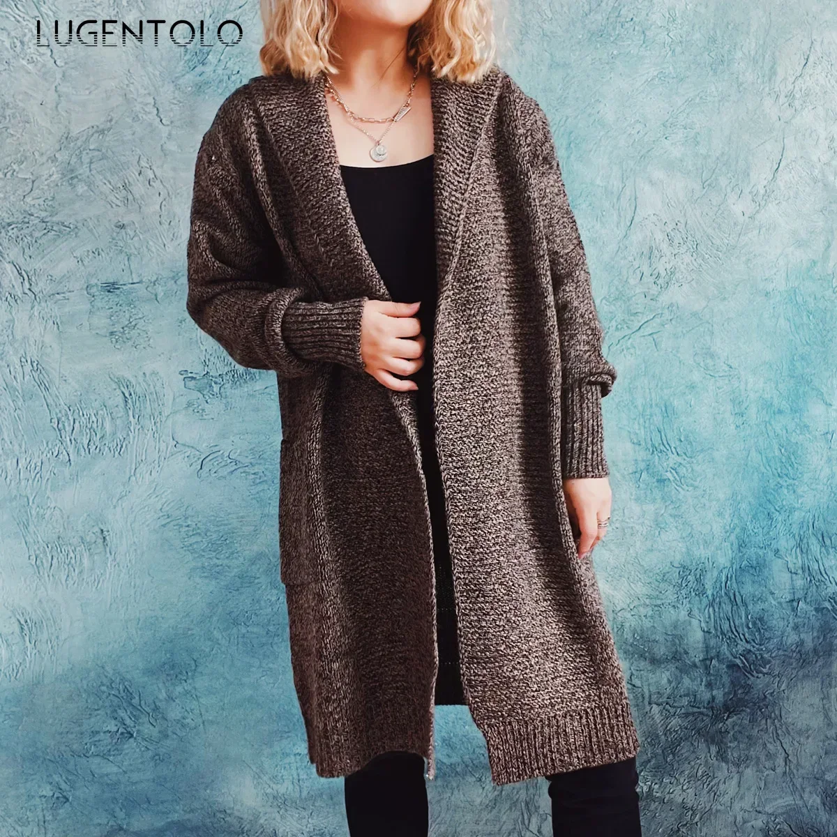 

Women Thicken Sweater Knitted Cardigan Autumn Winter New Lapel Female Casual Big Pocket Loose Simple Long Clothing