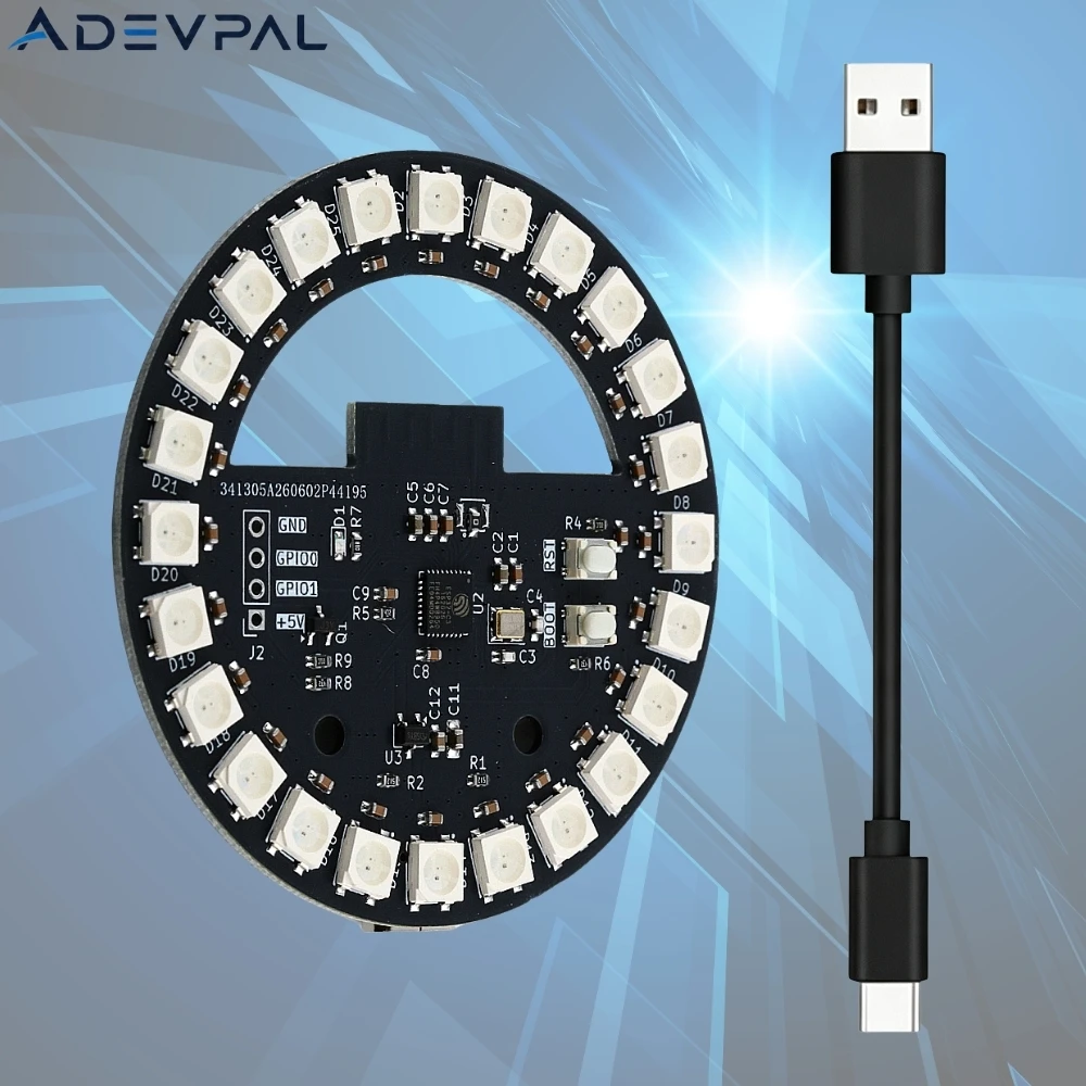 ESP32‑C3 Development Board Type‑C WS2812B Ring RGB LED 24‑Led Ambient Light E‑Sports Atmosphere Lamp GPIO WiFi BT Module 200mA