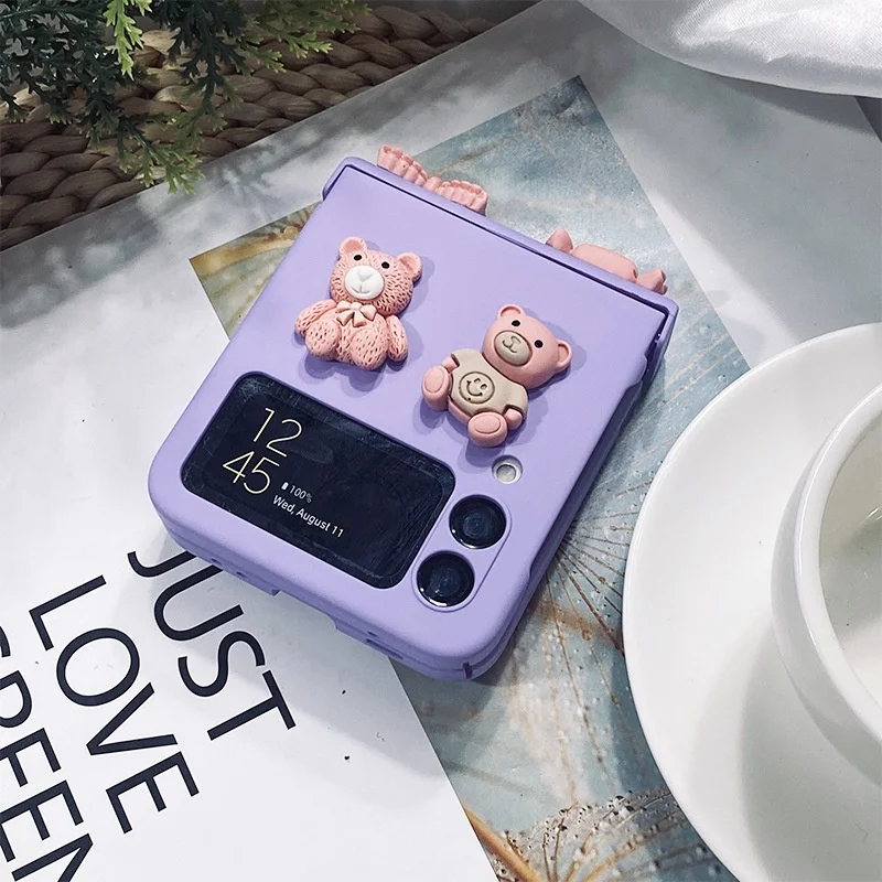 For Samsung Galaxy Z Flip 6 5 4 3 5G Purple Mobile Phone Case Fashion DIY Cute Cartoon Candy Cow Bear Hinge Protective Cover