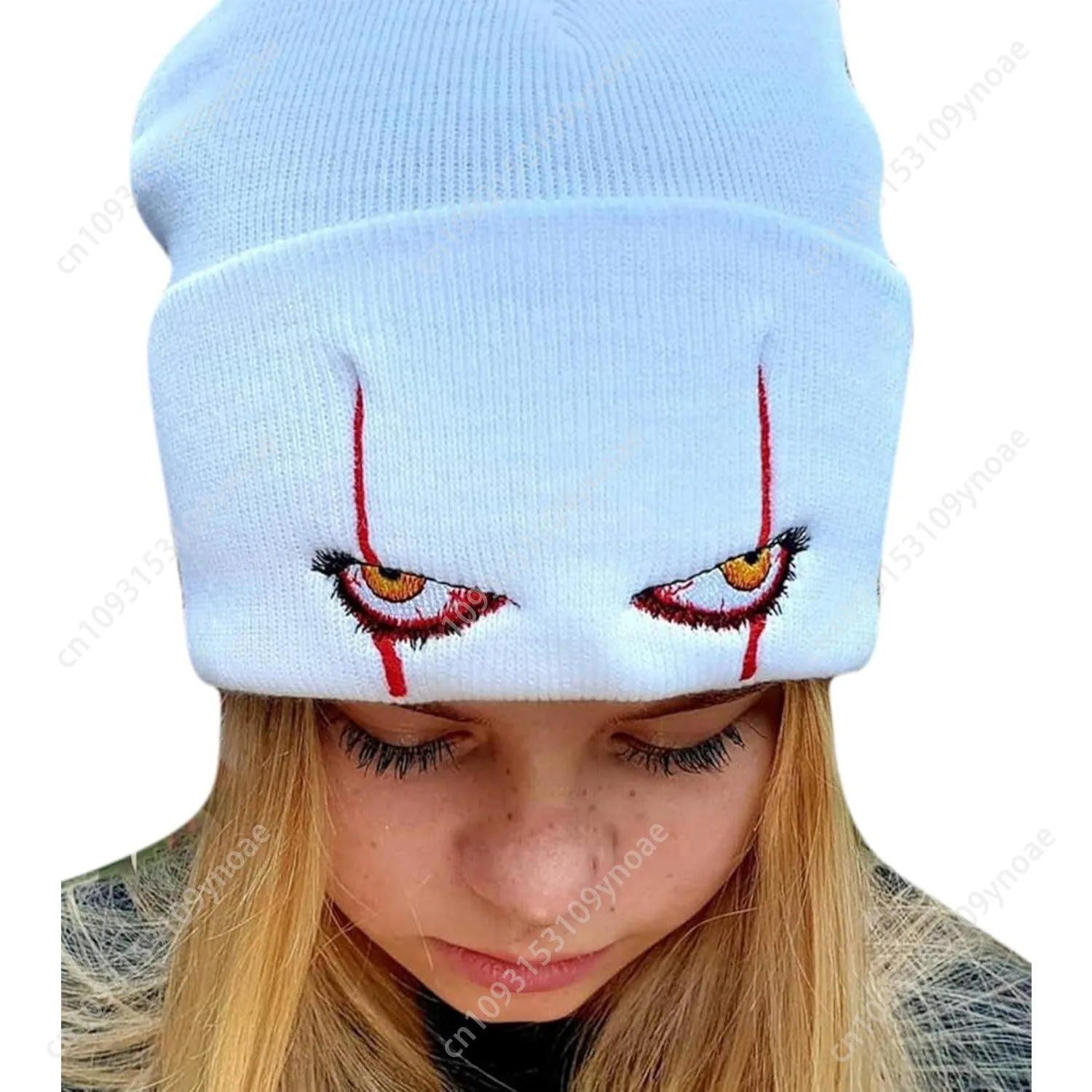 Clown Scary Eyes Beanie Hat Winter Acrylic Knit Caps Embroidery Warm Winter Caps Ski Hats Men Women Halloween Comfortable Soft