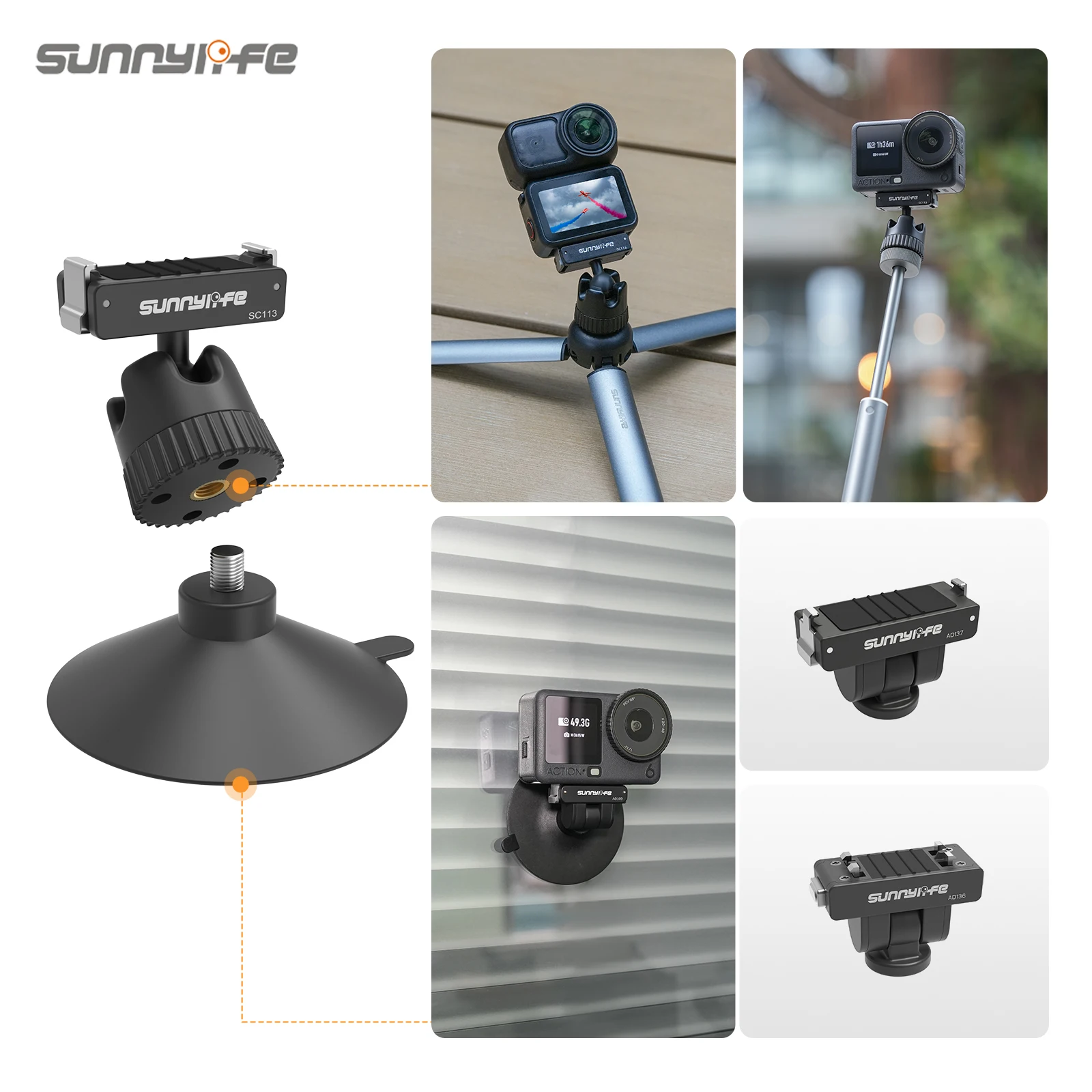 Sunnylife Bidirectional Magnetic Quick Release Ball Head Suction Cup Mount For DJI Osmo Nano/ACTION 6 Action Camera Accessory