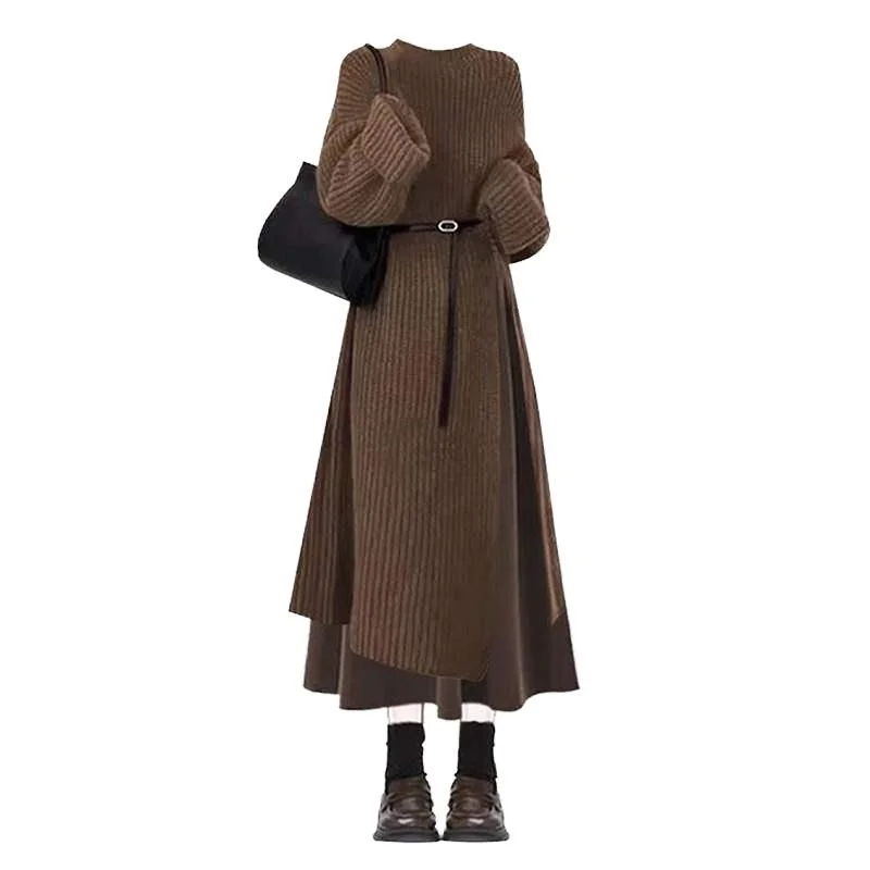 Conjunto de Moda Fena Plus Size, Casaco Longo de Suéter, Estilo Coreano, Saia Curta que Emaece, Conjunto de Duas Peças,...