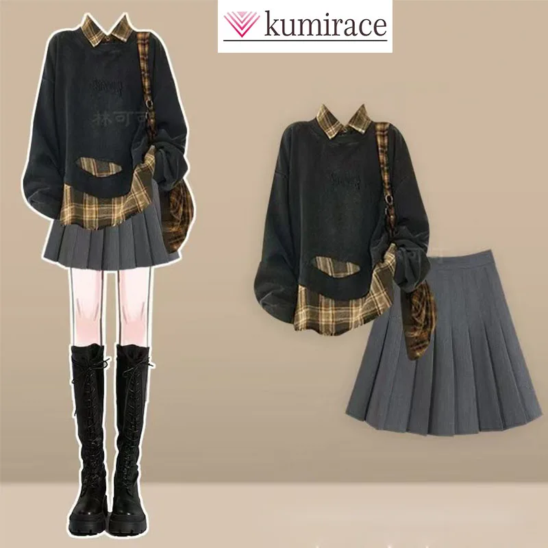 Vroege herfst outfit in meisjesstijl, mode in collegestijl, nep tweedelige temperamenttop gecombineerd met Koreaanse geplooide korte rok
