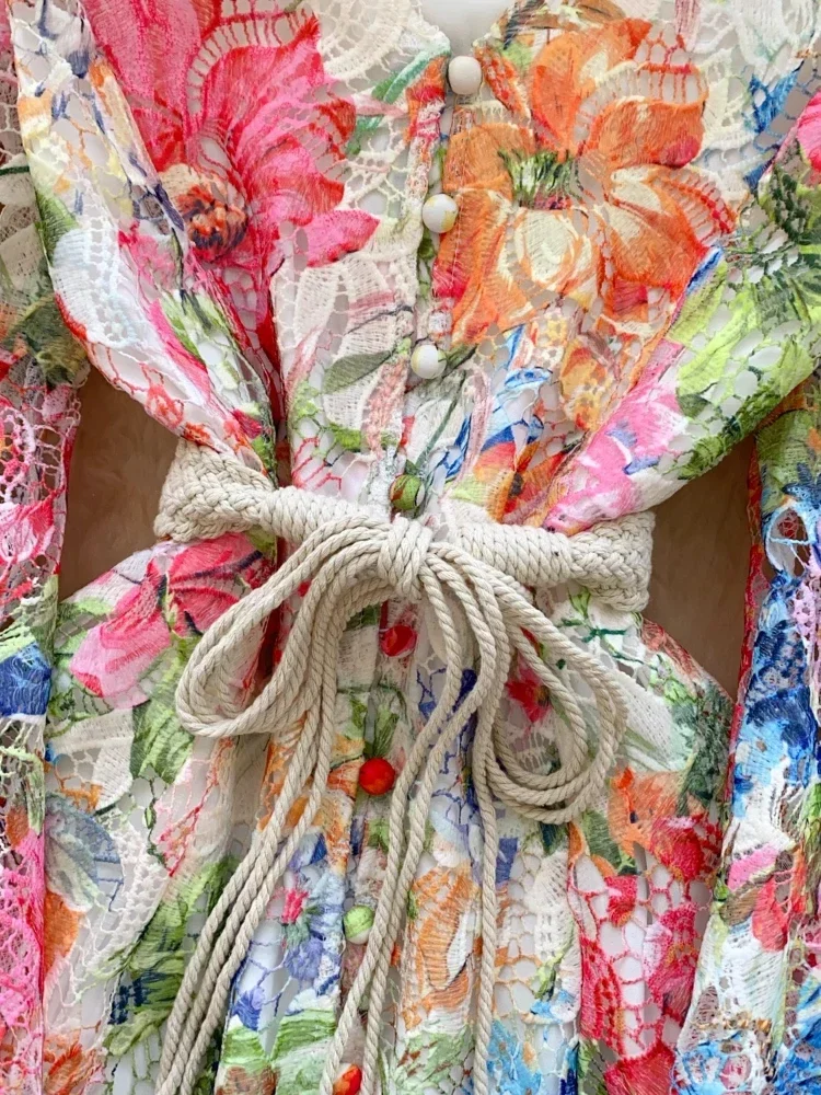France Elegant Vintage Palace Evening Dress Women Print Hollow Out Lace Short Party Dress Female Casual Chic Festival Clothing