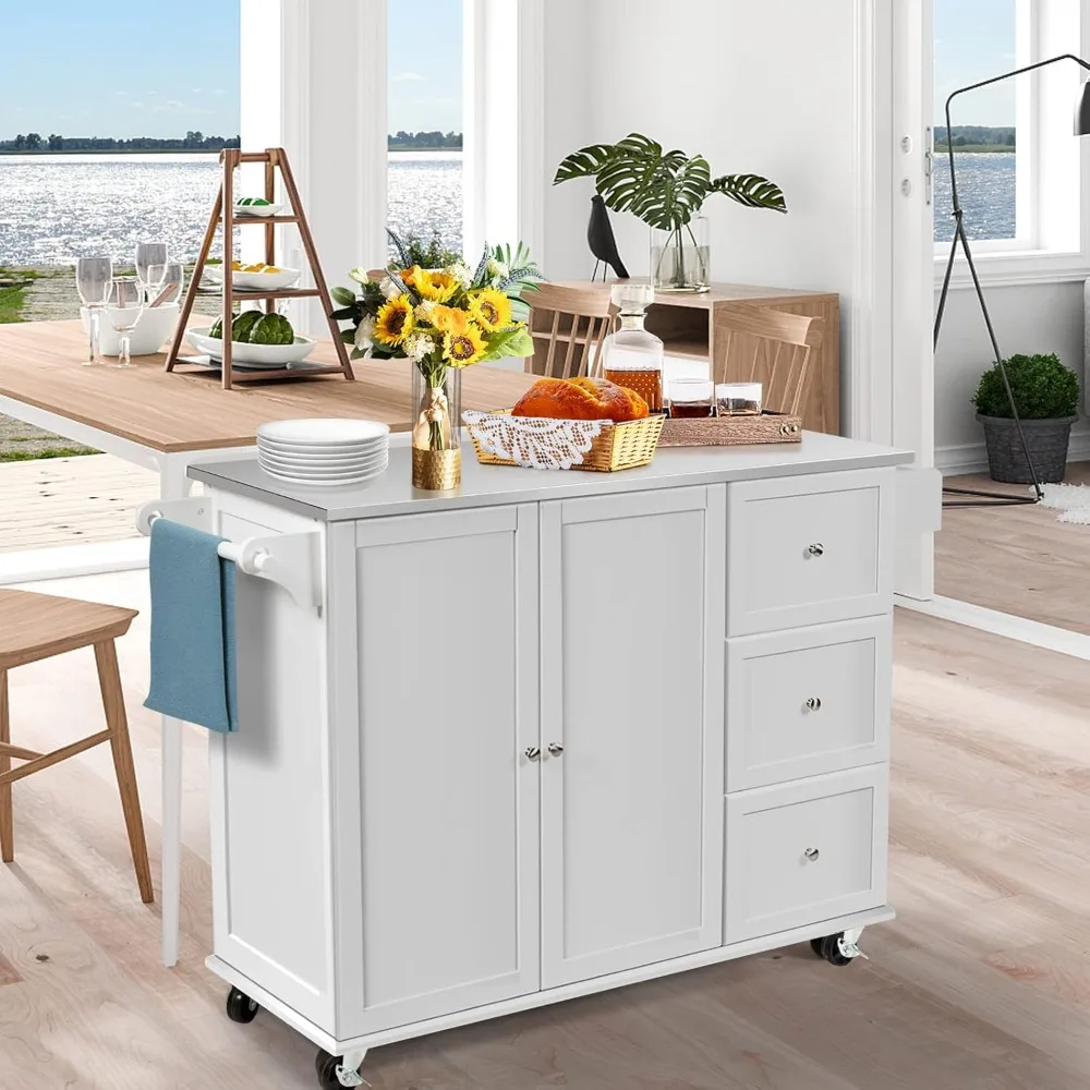 Kitchen Island-Chariot de service mobile à roulettes avec dessus de seau en acier inoxydable, étagères réglables, armoire à 2 portes, 3 égouts de proximité