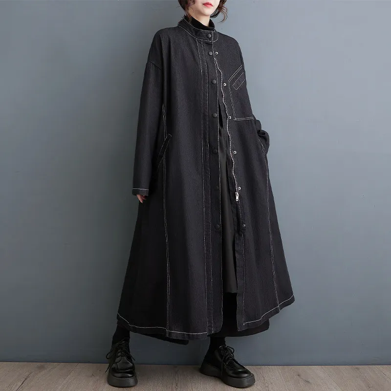 SuperAen New 2026 Autumn and Winter Korean Style Bright Line Decoration Contrast Color Design Denim Long-sleeved Trench Coats