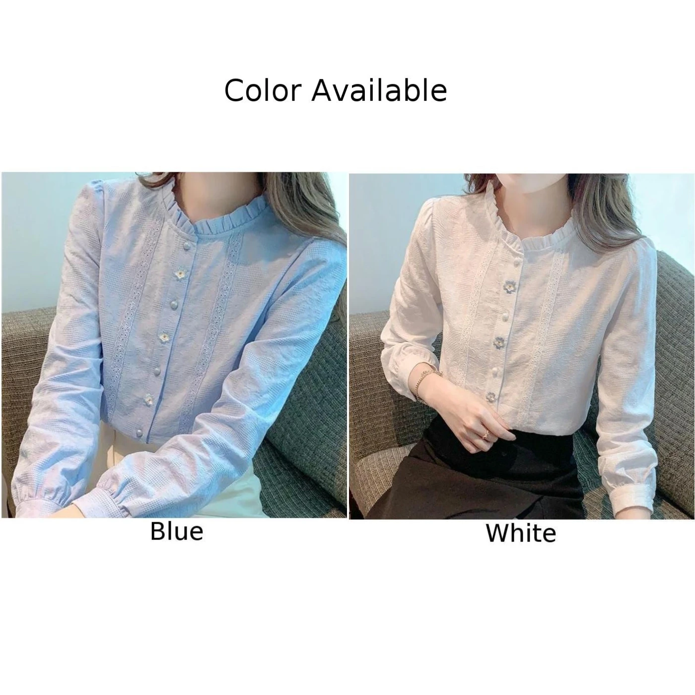 Chemise décontractée pour tous les jours, chemise brodée, vêtements de printemps et d'automne, chemise brodée bleue pour femmes, tissu en polyester