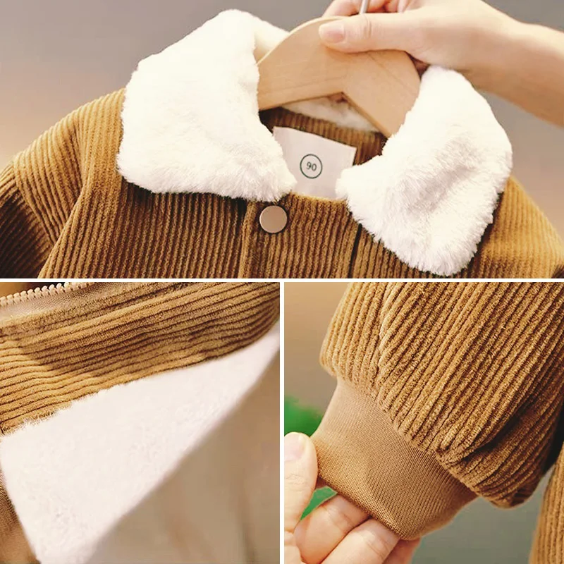 2-6 Years Boys Plush Warm Cotton Jacket Autumn Winter Fashion Fur Lapel Corduroy Zipper Coat Kids Splicing Outerwear