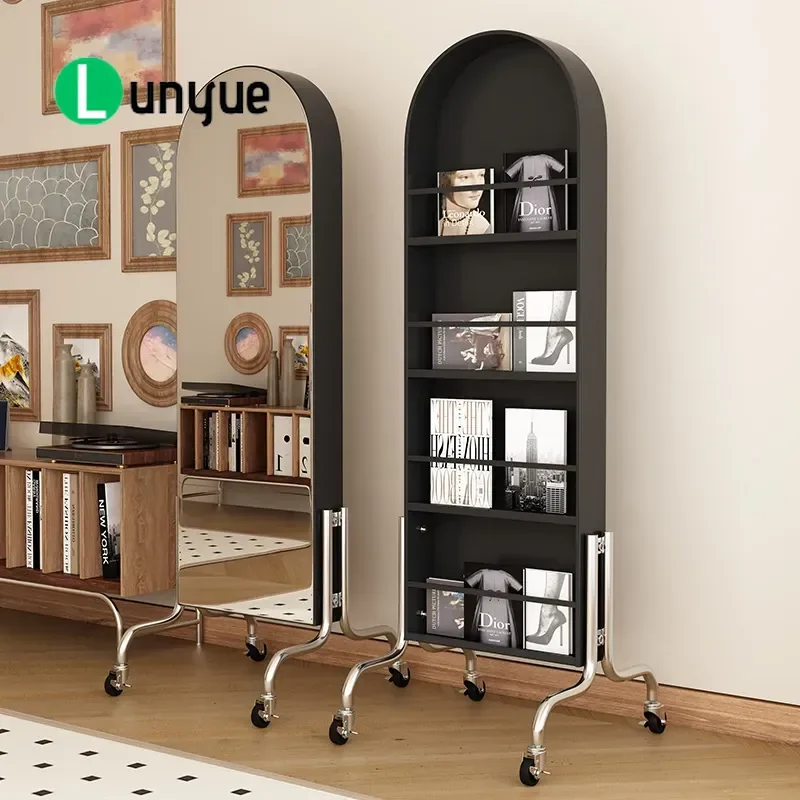 Movable Full Body Mirror with Antique Floor Rack Rotary Storage Shelf for Magazine Home Decor Space Saving Furniture
