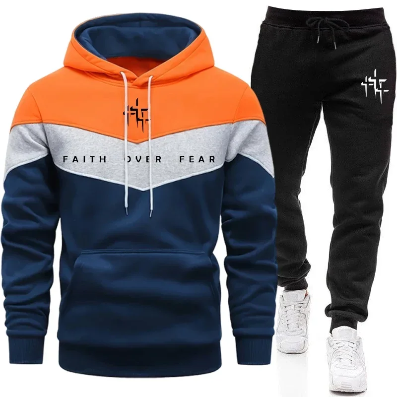 Faith Over Fear Men's Tracksuit Hooded Sweatshirt and Jogger Pants Urban Fashion Hoodies Outfits Autumn Winter Casual Sportswear view 5