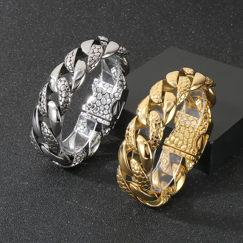 KALEN 25MM Stainless Steel Cuban Chain Men's Bracelet Domineering Heavy Stone Pictorial Spacious Jewelry Punk Chunky Accessories